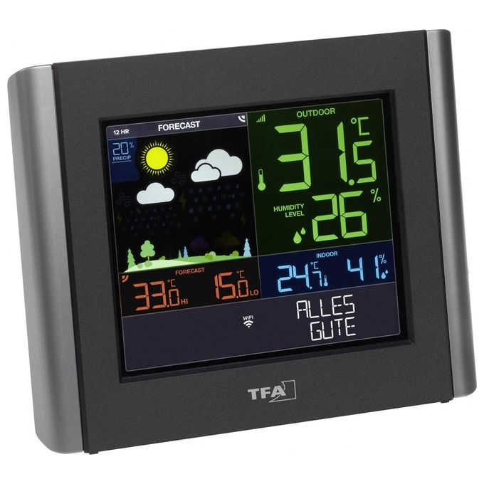 TFA 35.8000.01 VIEW METEO Stazione Meteorologica Wi-Fi con Sensore Esterno Previsioni Meteo Professionali Display a Colori con 3 Livelli di Luminosita' Allarmi Regolabili Punto di Rugiada Indice di Calore colore Nero