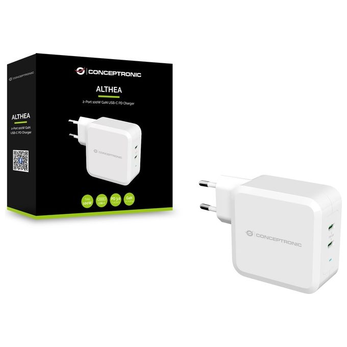 Conceptronic ALTHEA08W Caricabatterie Universale 100W con 2 Porte USB-C GaN USB PD 3.0 colore Bianco