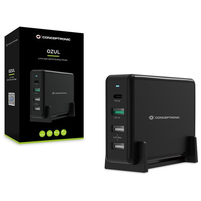 Conceptronic OZUL01B Caricatore Desktop 65 W con USB-C PD 3.0 e 3 USB-A QC 3.0 colore Nero