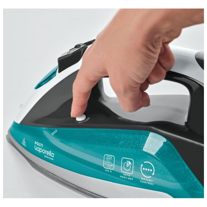 Polti PLEU0253 Vaporella Quick and Slide QS220 Ferro a Vapore 2400 W 350 ml 40 g-min Colpo Vapore 250 g Display Digitale Piastra Pro-Steam colore Verde Bianco