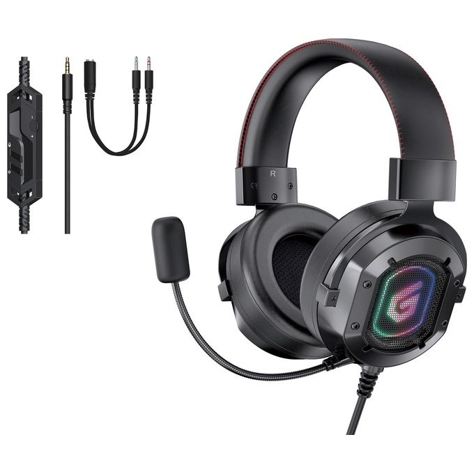 Conceptronic ATHAN03B Cuffie Gaming Cablate Over-Ear con Microfono e LED RGB 2.2m Cavo Intrecciato Driver 50mm Microfono Omnidirezionale Controllo Volume Mute Luci colore Nero