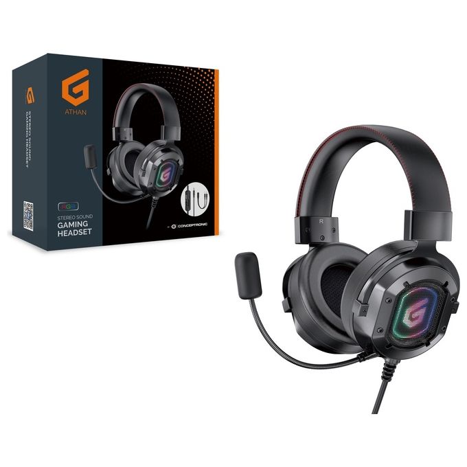Conceptronic ATHAN03B Cuffie Gaming Cablate Over-Ear con Microfono e LED RGB 2.2m Cavo Intrecciato Driver 50mm Microfono Omnidirezionale Controllo Volume Mute Luci colore Nero