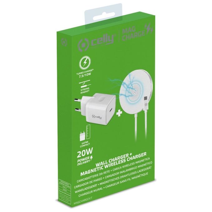 Celly MAGCHARGEKIT KIT_ con Alimentatore 20W e Caricabatterie Wireless Magnetico