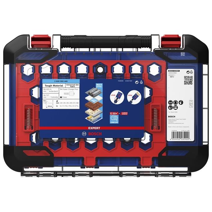 Bosch 2608900448 Set di Seghe a Tazza Expert Tough Material 14 pz Diametri 20 22 25 32 35 40 44 51 60 68 76 mm Lunghezza 60 mm Adatto per Legno Metallo Acciaio Inox Mattone Piastrelle Plastica colore Blu