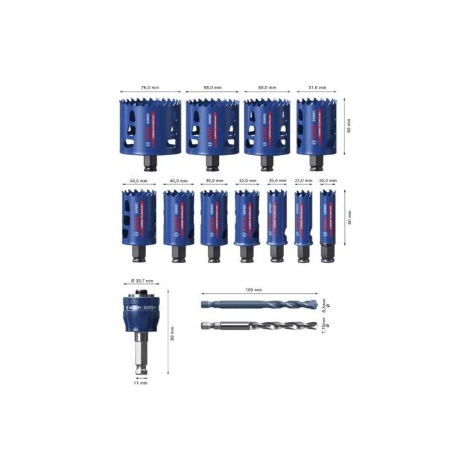 Bosch 2608900448 Set di Seghe a Tazza Expert Tough Material 14 pz Diametri 20 22 25 32 35 40 44 51 60 68 76 mm Lunghezza 60 mm Adatto per Legno Metallo Acciaio Inox Mattone Piastrelle Plastica colore Blu