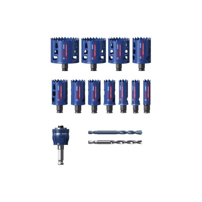 Bosch 2608900448 Set di Seghe a Tazza Expert Tough Material 14 pz Diametri 20 22 25 32 35 40 44 51 60 68 76 mm Lunghezza 60 mm Adatto per Legno Metallo Acciaio Inox Mattone Piastrelle Plastica colore Blu