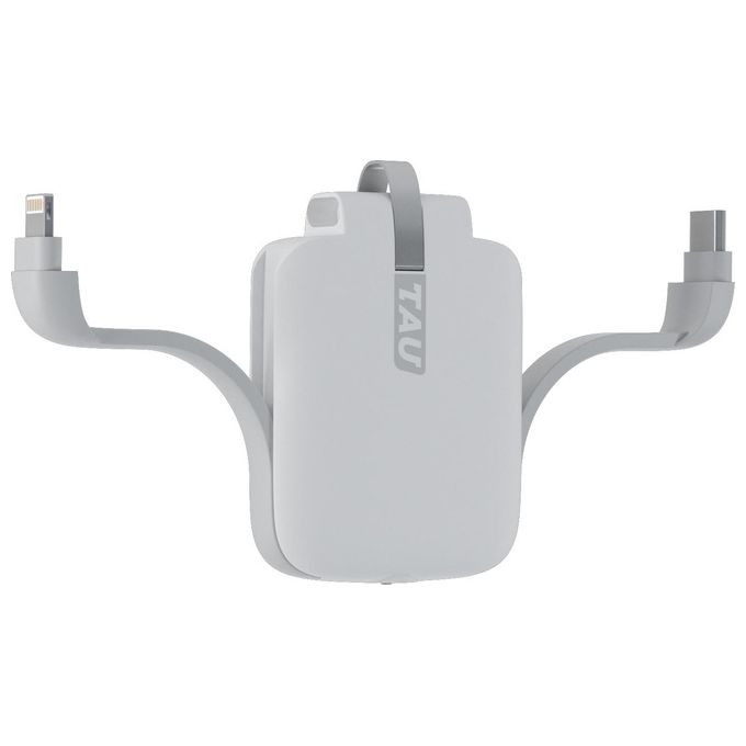 Rolling Square Tau Batteria Portatile Power Bank con Cavi Lightning Micro-Usb e Usb-C 1400mAh Base di Ricarica Smart Bianco