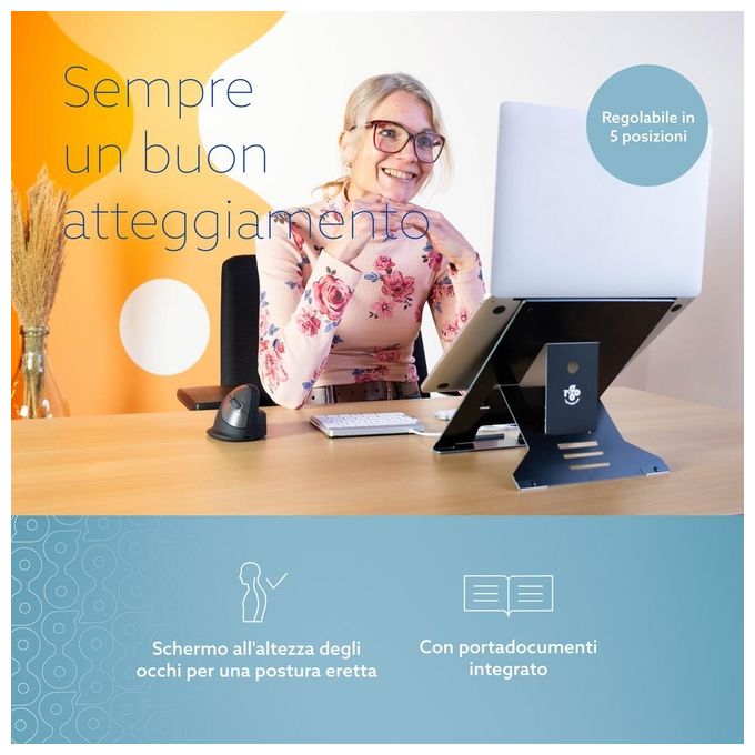 R-Go Tools RGORIDOCBL Supporto Ergonomico Pieghevole Regolabile in 5 Posizioni Portadocumenti Integrato colore Nero
