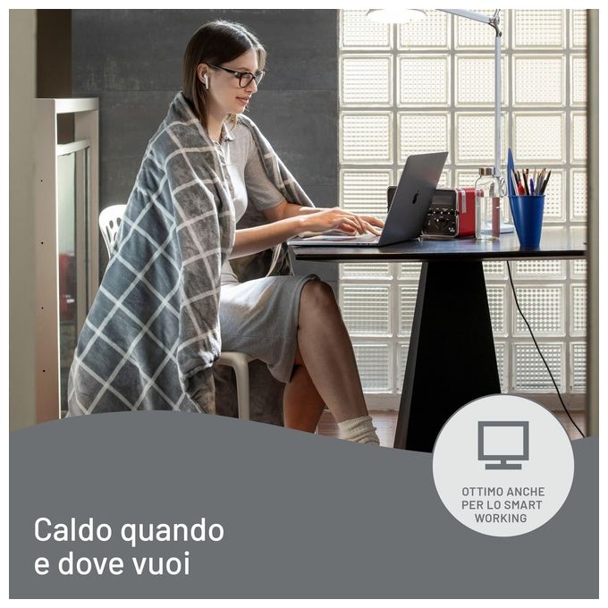 Imetec 16775 Adapto Velvet Square Plaid Riscaldabile 150x95 cm 150W 6 Temperature Timer Lavabile in Lavatrice colore Grigio Bianco