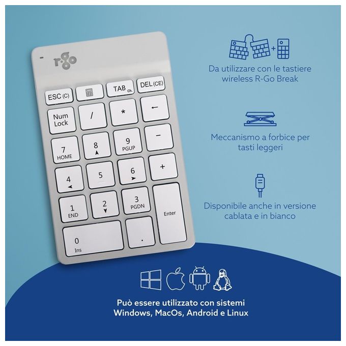 R-Go Tools RGOCONMWLWH R-Go Numpad Break Tastierino Numerico Ergonomico con Bluetooth 5.0 e Indicatore di Pausa colore Bianco