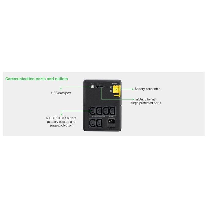 APC BX1200MI Back-UPS Gruppo di Continuita' UPS Linea Interattiva 1200VA 650W AVR 6 Prese IEC USB protezione linea dati colore Nero