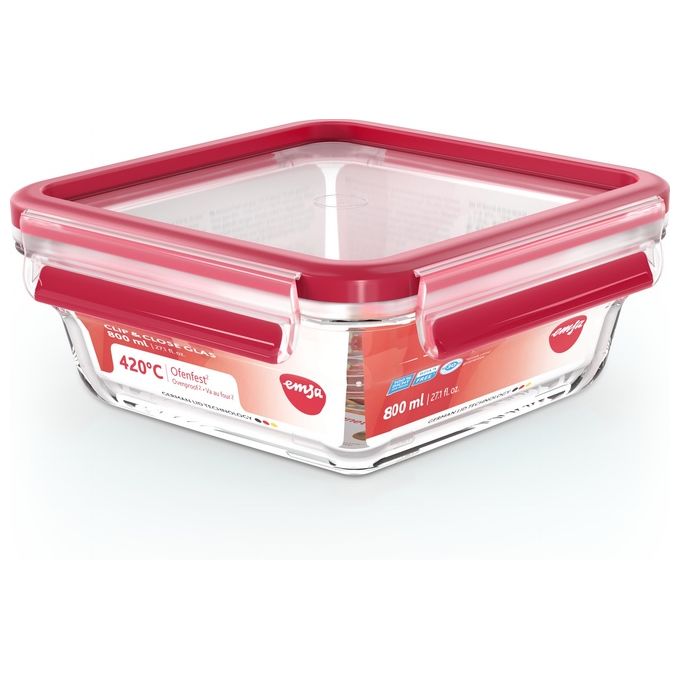 Emsa Clip e Close Recipiente per Cibo Quadrato Scatola 0.8 Litri Trasparente 1 Pezzo