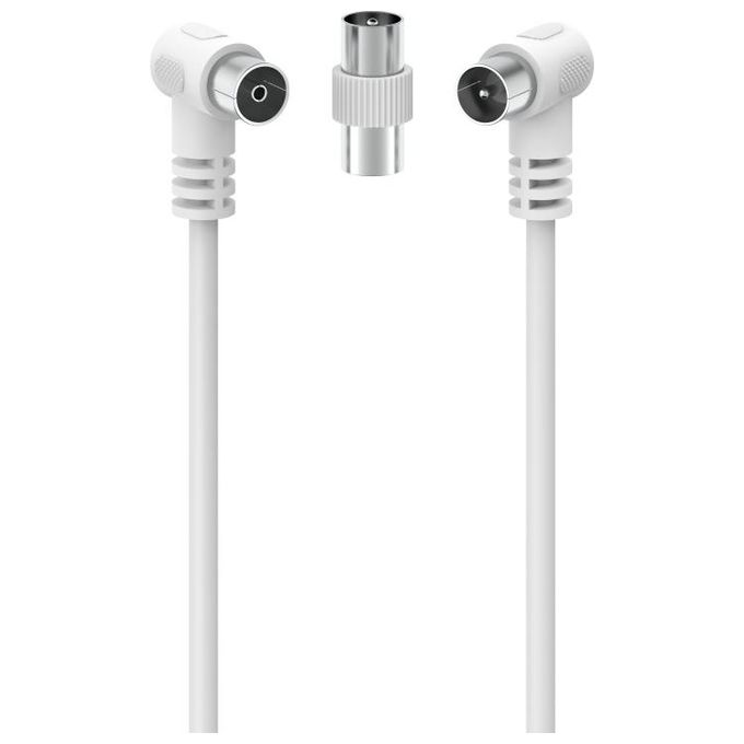 Hama 00205305 Cavo Antenna Coassiale 90° M-F con Adattatore M-M 3 m 75 dB Doppia Schermatura colore Bianco