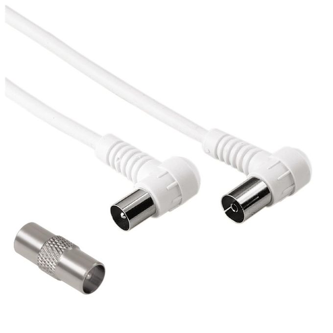 Hama 00205305 Cavo Antenna Coassiale 90° M-F con Adattatore M-M 3 m 75 dB Doppia Schermatura colore Bianco