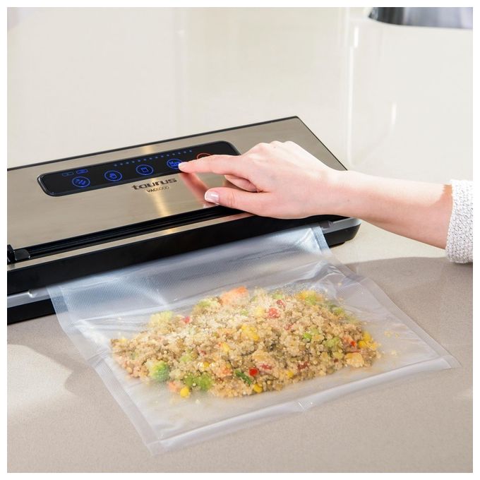 Taurus VAC600 Vac6000 Macchina per Sottovuoto 3 in 1 120 W con Pannello Touch Vassoio Raccogligocce Rimovibile e Taglia-Sacco Integrato colore Nero Acciaio Inossidabile