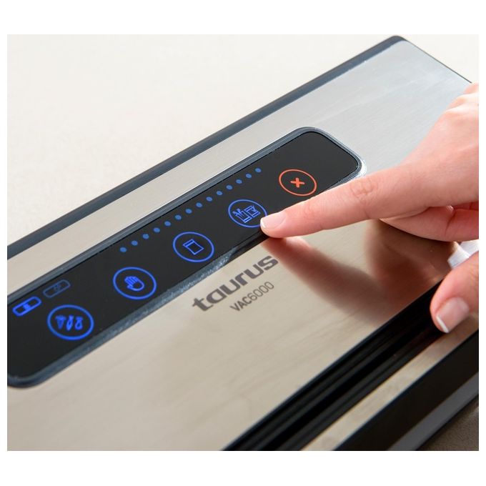 Taurus VAC600 Vac6000 Macchina per Sottovuoto 3 in 1 120 W con Pannello Touch Vassoio Raccogligocce Rimovibile e Taglia-Sacco Integrato colore Nero Acciaio Inossidabile