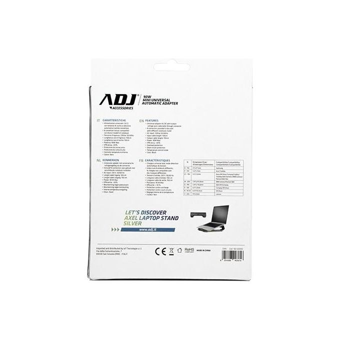ADJ 160-00095 Alimentatore Notebook Universale 90W 8 Connettori 3 Pin Auto Selezione Voltaggio Automatica colore Nero