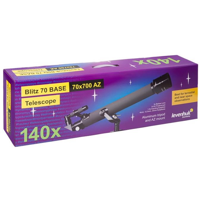Levenhuk Blitz 70 BASE Telescopio Rifrattore da 70mm per Appassionati e Principianti con Treppiede e Un Ampio Set di Accessori