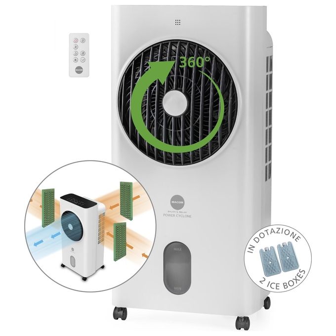 Macom 987 Power Cyclone Raffrescatore Evaporativo Portatile 60 W serbatoio 6 L per ambienti fino a 26 m² Touch Control Telecomando colore Bianco