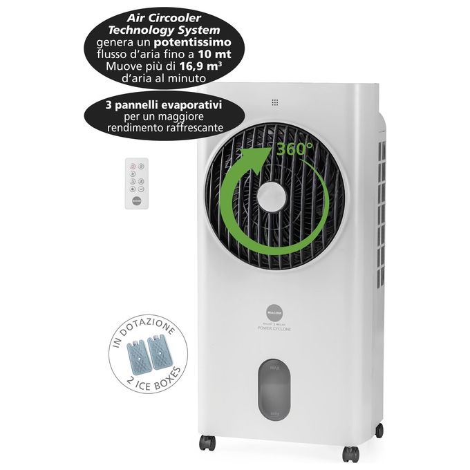Macom 987 Power Cyclone Raffrescatore Evaporativo Portatile 60 W serbatoio 6 L per ambienti fino a 26 m² Touch Control Telecomando colore Bianco
