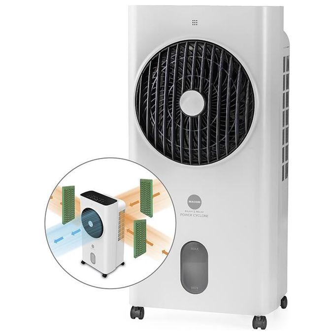 Macom 987 Power Cyclone Raffrescatore Evaporativo Portatile 60 W serbatoio 6 L per ambienti fino a 26 m² Touch Control Telecomando colore Bianco