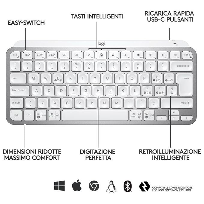 Logitech 920-010489 MX Keys Mini Tastiera Wireless Compatta QWERTY Italiano Bluetooth LED Ricaricabile USB-C colore Grigio