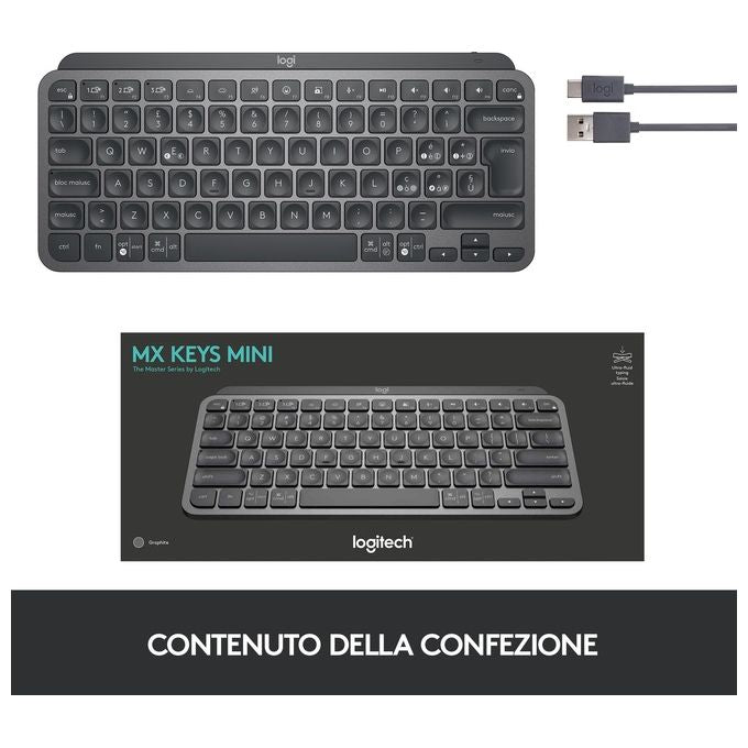 Logitech 920-010488 MX Keys Mini Tastiera Wireless Bluetooth QWERTY Italiano Ricaricabile USB-C Multi-Device colore Grafite