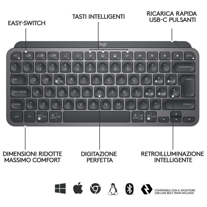 Logitech 920-010488 MX Keys Mini Tastiera Wireless Bluetooth QWERTY Italiano Ricaricabile USB-C Multi-Device colore Grafite