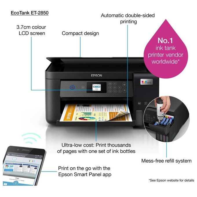 Epson C11CJ63405 EcoTank ET-2850 Stampante Multifunzione Inkjet A4 3 in 1 Serbatoi Ricaricabili Wi-Fi USB 5760x1440 DPI colore Nero