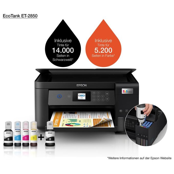 Epson C11CJ63405 EcoTank ET-2850 Stampante Multifunzione Inkjet A4 3 in 1 Serbatoi Ricaricabili Wi-Fi USB 5760x1440 DPI colore Nero