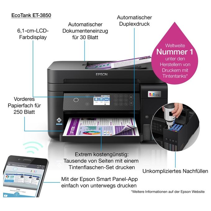 Epson C11CJ61402 EcoTank ET-3850 Stampante Multifunzione Inkjet A4 Stampa Copia Scansione Wi-Fi Ethernet ADF Fronte Retro colore Nero