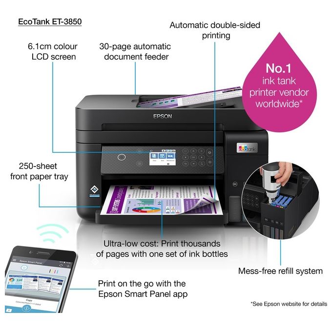 Epson C11CJ61402 EcoTank ET-3850 Stampante Multifunzione Inkjet A4 Stampa Copia Scansione Wi-Fi Ethernet ADF Fronte Retro colore Nero