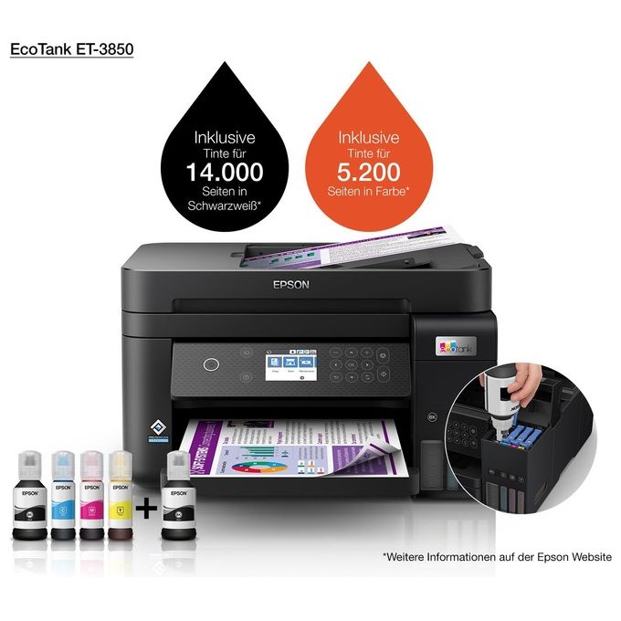 Epson C11CJ61402 EcoTank ET-3850 Stampante Multifunzione Inkjet A4 Stampa Copia Scansione Wi-Fi Ethernet ADF Fronte Retro colore Nero