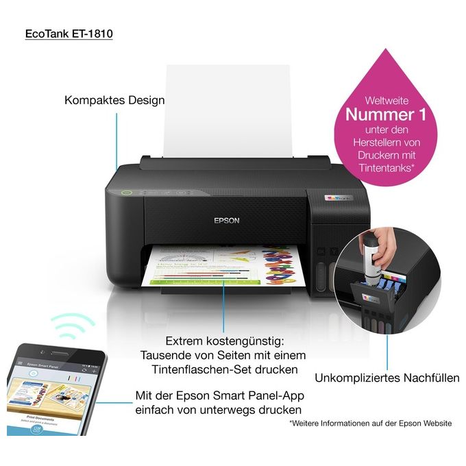 Epson C11CJ71401 EcoTank ET-1810 Stampante Multifunzione Inkjet A4 Wi-Fi Wi-Fi Direct Serbatoi Alta Capacita' colore Nero