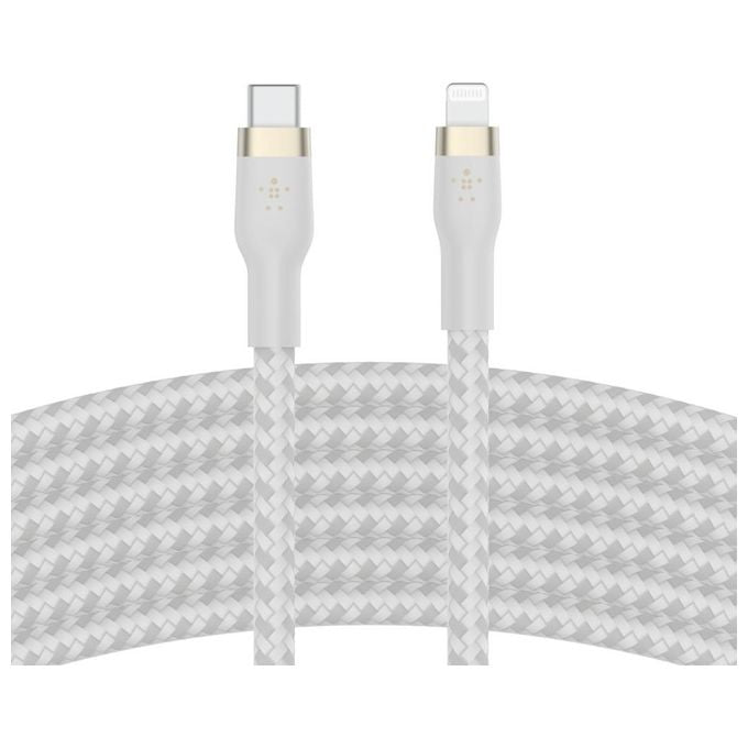 Belkin CAA011BT3MWH Cavo USB C a Lightning 3 m con Ricarica Rapida fino a 20 W Materiale in Silicone Intrecciato colore Bianco