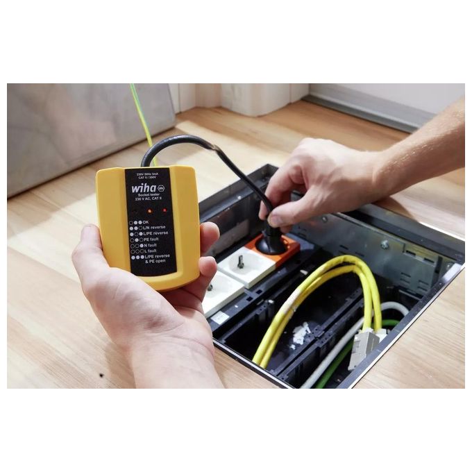 Wiha 45220 Tester per prese elettriche 230 V AC CAT II 300V LED con cavo flessibile 30 cm colore Giallo-Nero