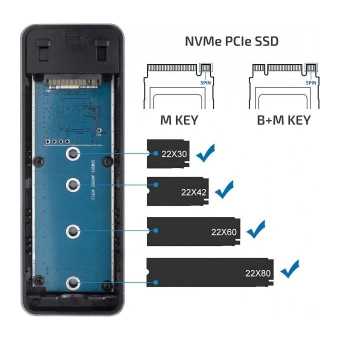 Vultech Box Type-C GS-NVMETC per SSD PCIe M2 SATA Case Esterno per Disco Rigido Usb 3.1 10 Gbps