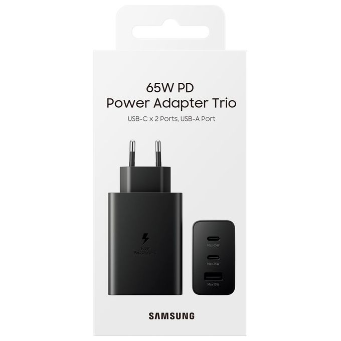Samsung EP-T6530 Caricabatterie 65W Super Fast Charging 3 Porte 2 USB-C 1 USB-A colore Nero