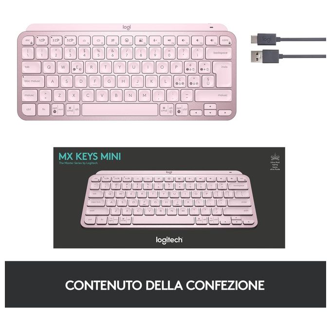Logitech 920-010812 MX Keys Mini Tastiera Illuminata Wireless Retroilluminata Bluetooth Multi dispositivo colore Rosa