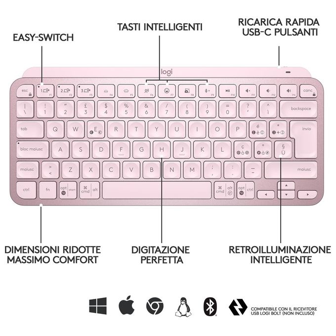 Logitech 920-010812 MX Keys Mini Tastiera Illuminata Wireless Retroilluminata Bluetooth Multi dispositivo colore Rosa