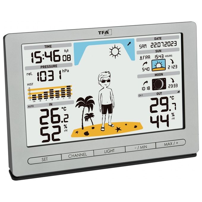 TFA-Dostmann 35.1097.54 Meteo Jack Stazione Meteo Wireless Display Colori Previsioni 12-24h Temperatura Umidita' Pressione Fasi Lunari colore Argento