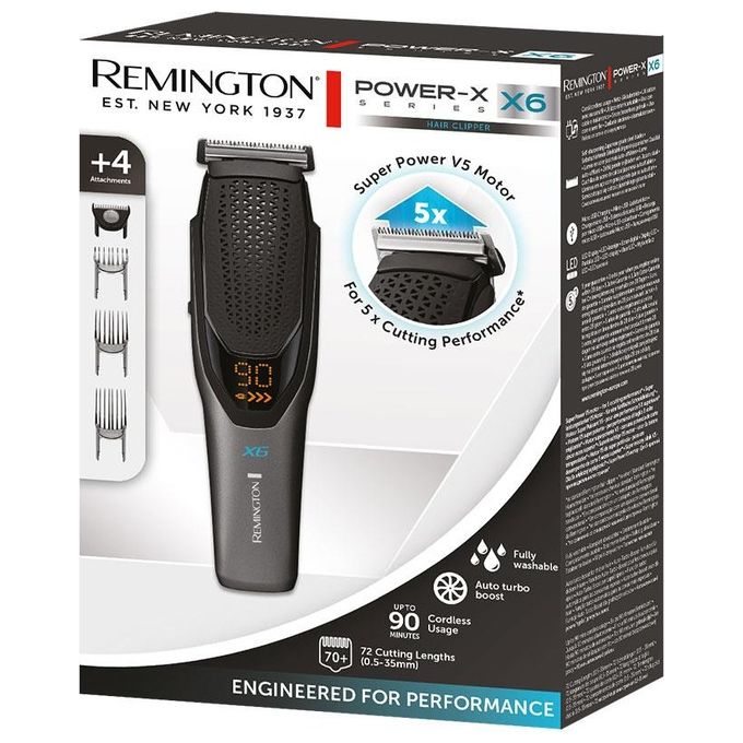 Remington HC6000 Power-X Series X6 Tagliacapelli Cordless Motore V5 72 Lunghezze Lame Acciaio Autoaffilanti 90 min colore Nero Grigio