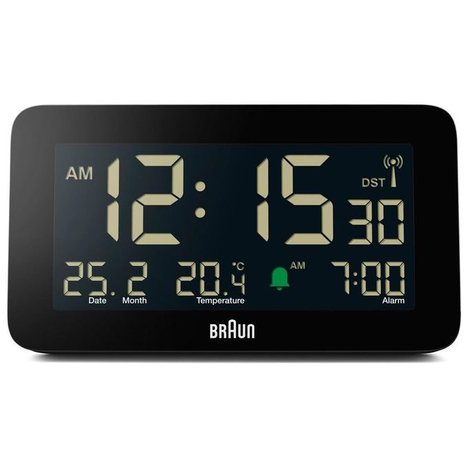 Braun BC10 DCF-B Sveglia Digitale Radiocontrollata LCD Retroilluminazione Blu Verde Temperatura Snooze colore Nero
