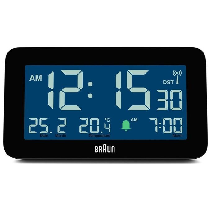Braun BC10 DCF-B Sveglia Digitale Radiocontrollata LCD Retroilluminazione Blu Verde Temperatura Snooze colore Nero
