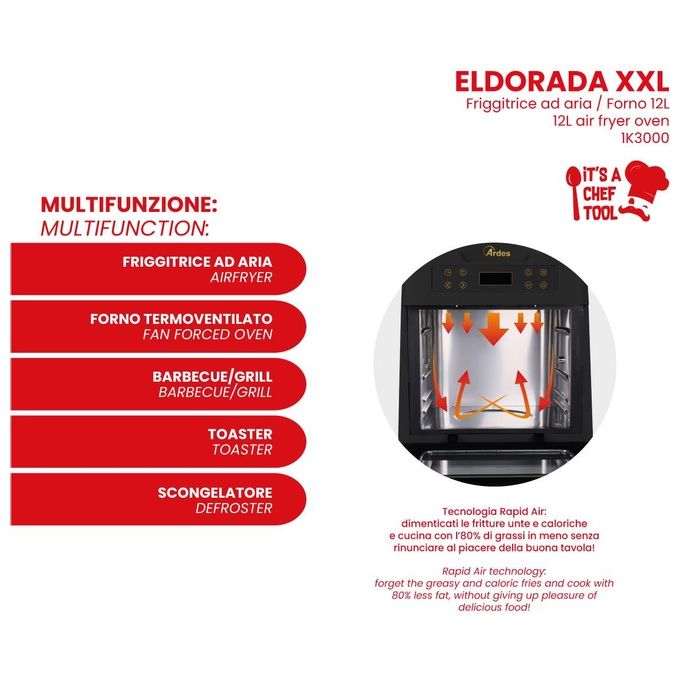 Ardes AR1K3000 Eldorada XXL Friggitrice ad aria 12 L 1700 W 7 programmi Touch colore Nero