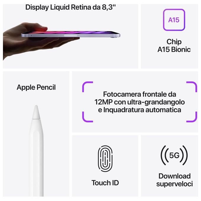 Apple MK8F3TY-A iPad mini 6ª Generazione Tablet 8,3'' Wi-Fi Cellular 5G 256GB colore Grigio Siderale