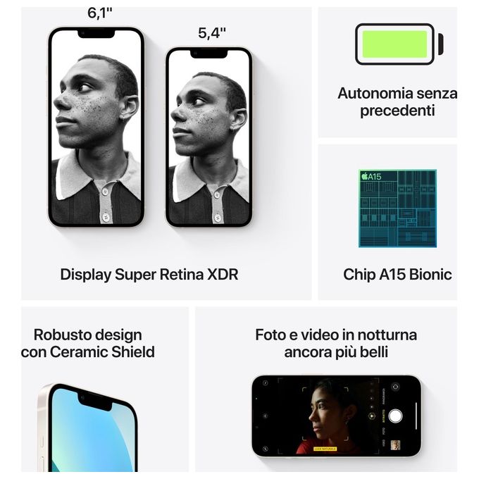 Apple MLQ73QLA iPhone 13 Smartphone 5G 6.1'' OLED 256GB Chip A15 Bionic Doppia Fotocamera 12MP IP68 colore Starlight
