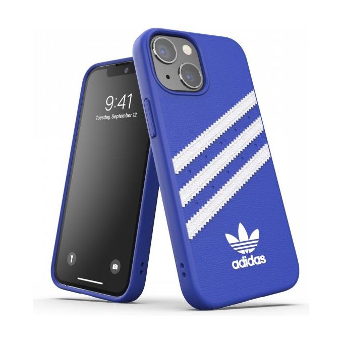 Adidas 47082 Samba Cover iPhone 13 Mini similpelle TPU bordi rialzati compatibile ricarica wireless colore Blu Bianco