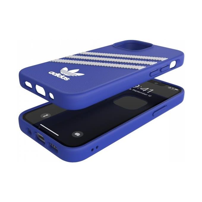 Adidas 47082 Samba Cover iPhone 13 Mini similpelle TPU bordi rialzati compatibile ricarica wireless colore Blu Bianco