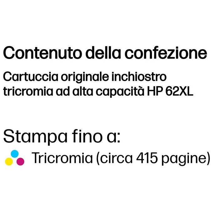 HP Cartuccia d'Inchiostro 62XL Tricromia Alta Capacita' per Stampe di Qualita' Elevata